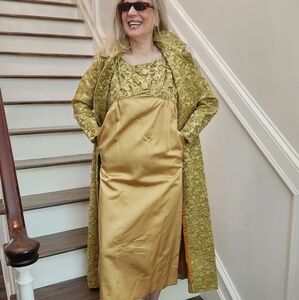 Vintage 60's Elegant Custom Made Gold Brocade Coat and Dress Set, Size 4, $250
